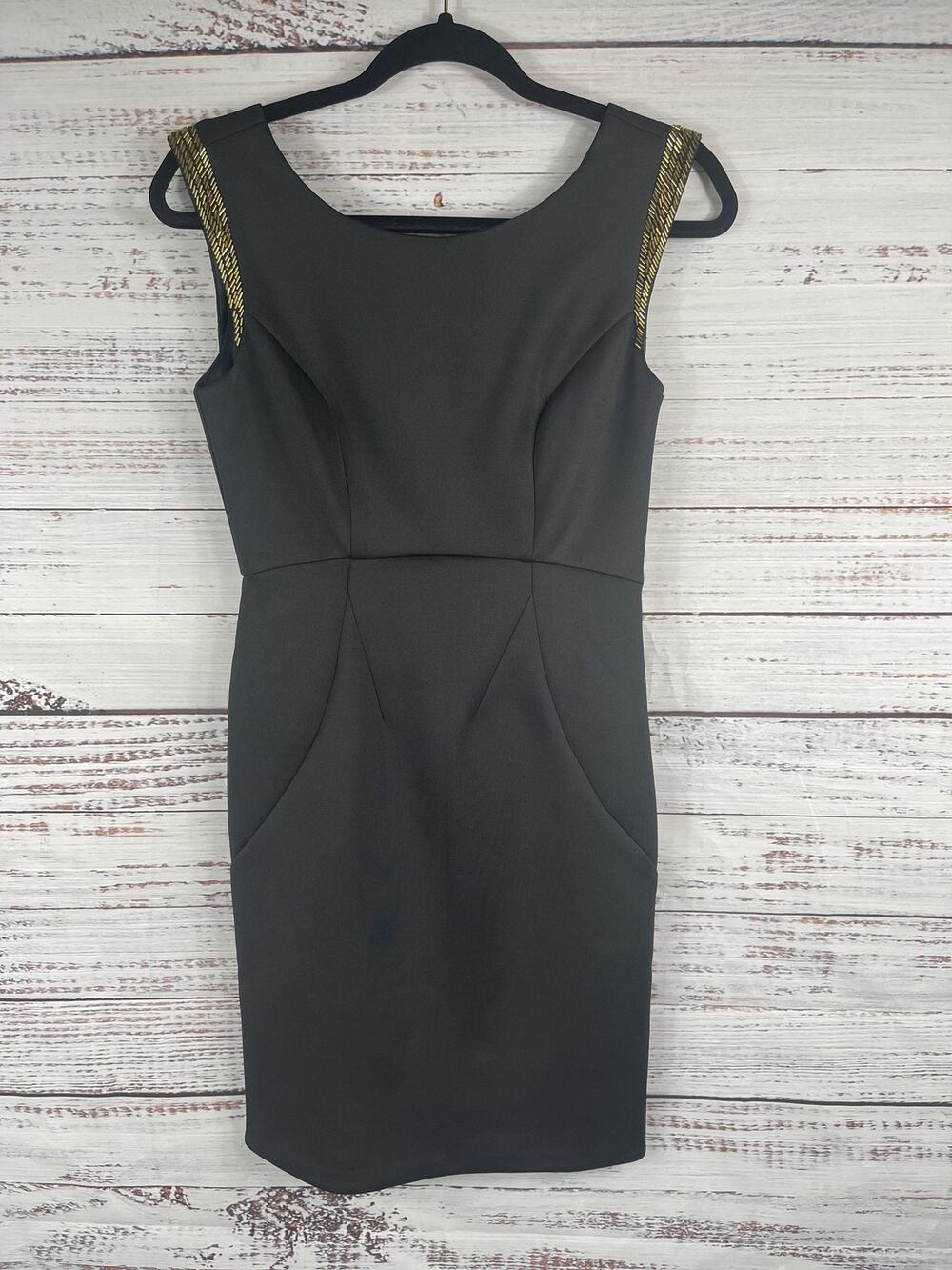 Minuet Dress Women's Size Small Black Gold Sequin Trim Sheath Sleeveless Party